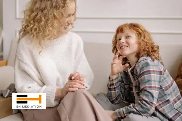 Happy mother and child after sorting child arrangements mediation Staveley